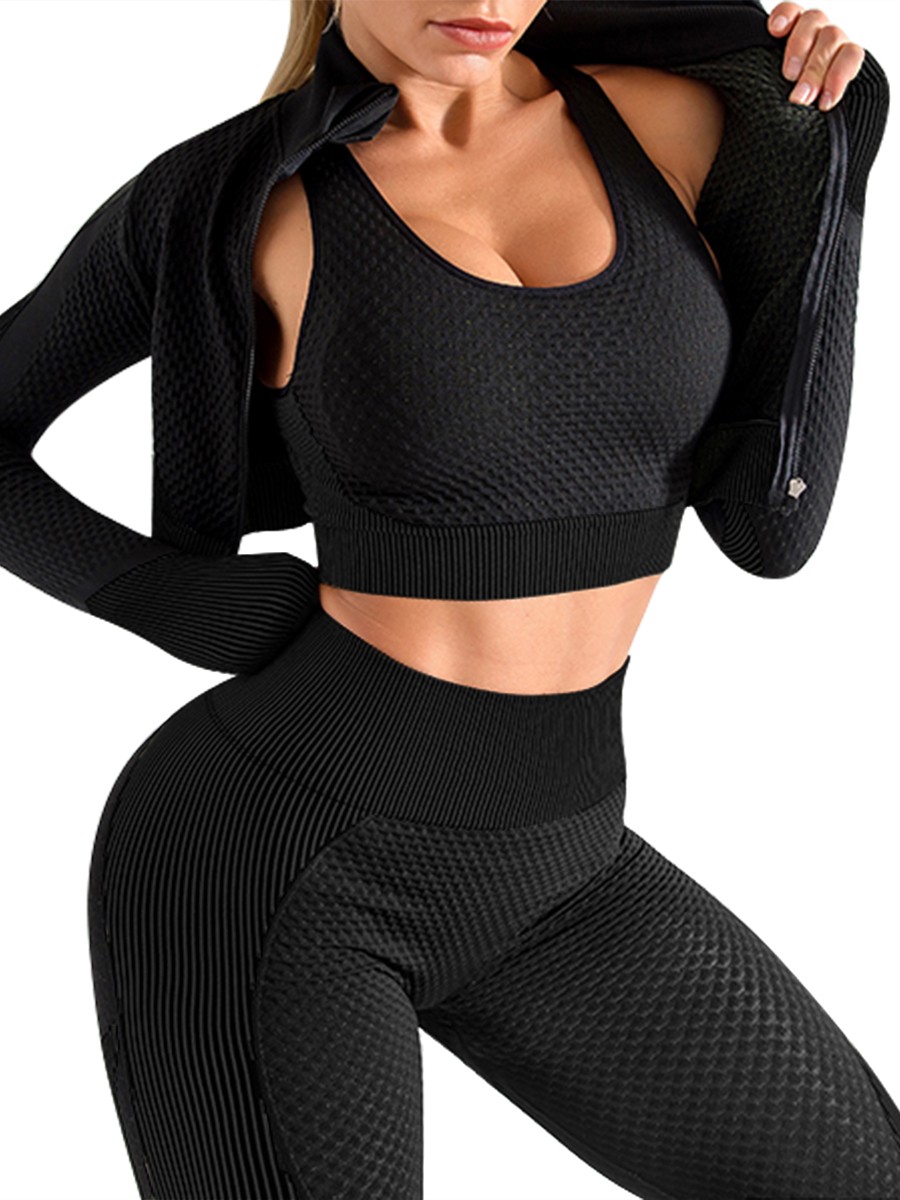 Black 3 Pcs Sports Suit Solid Color Ankle Length Breathable