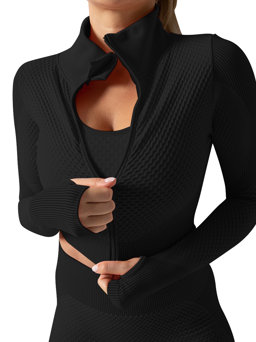 Black 3 Pcs Sports Suit Solid Color Ankle Length Breathable