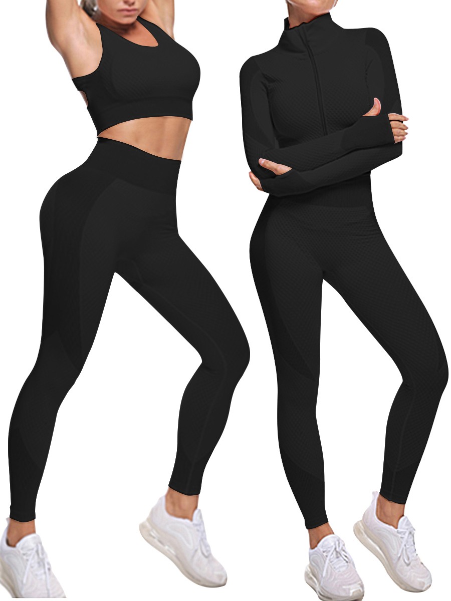 Black 3 Pcs Sports Suit Solid Color Ankle Length Breathable