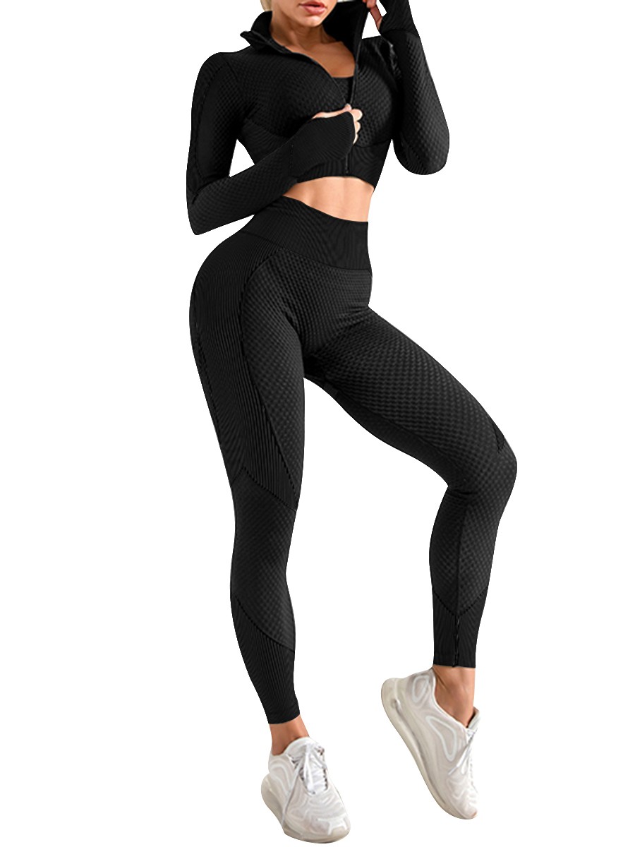 Black 3 Pcs Sports Suit Solid Color Ankle Length Breathable