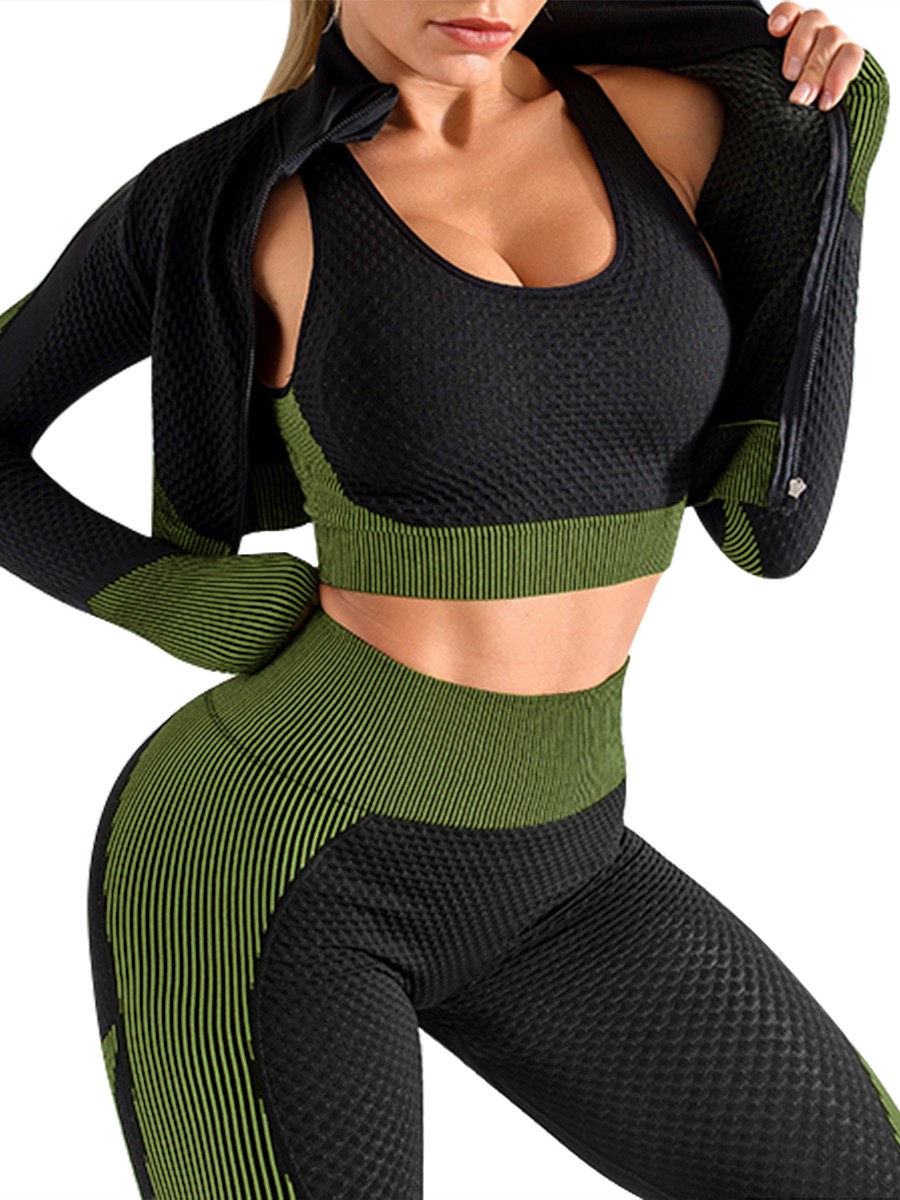 Army Green 3-Piece Sweat Suit Seamless Patchwork Comfort Fit