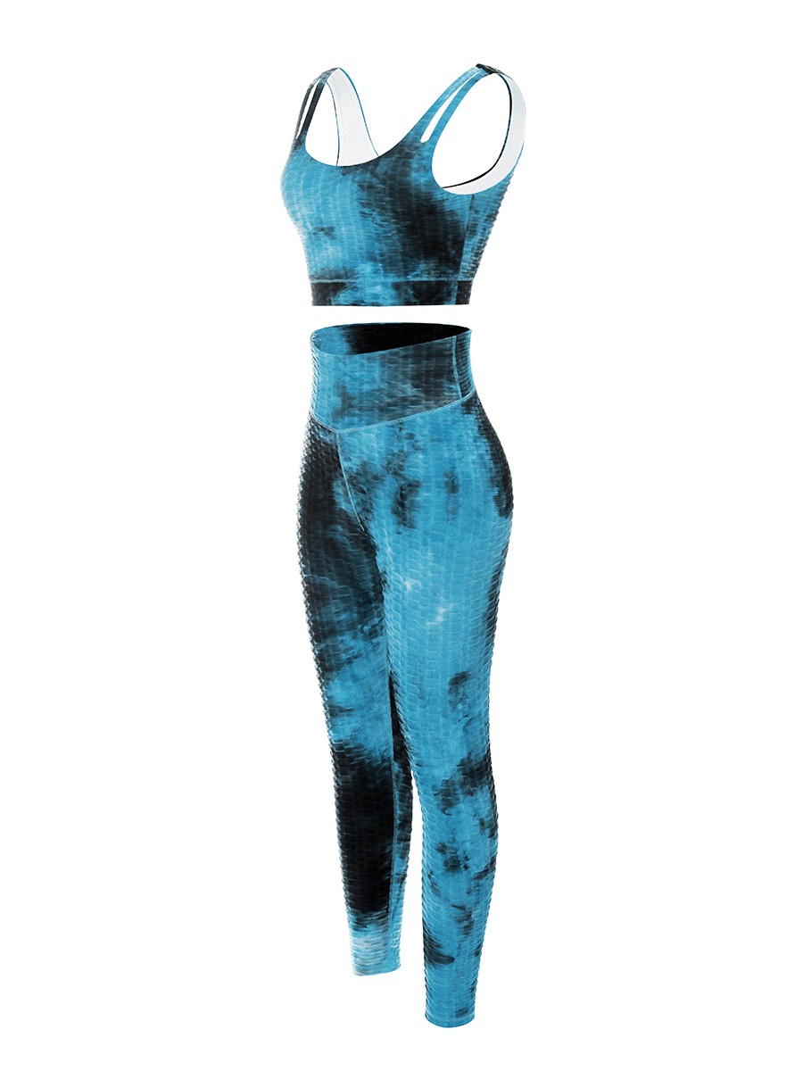 Blue High Waist Tie-Dyed Print Yogawear Suit Athletic Comfort