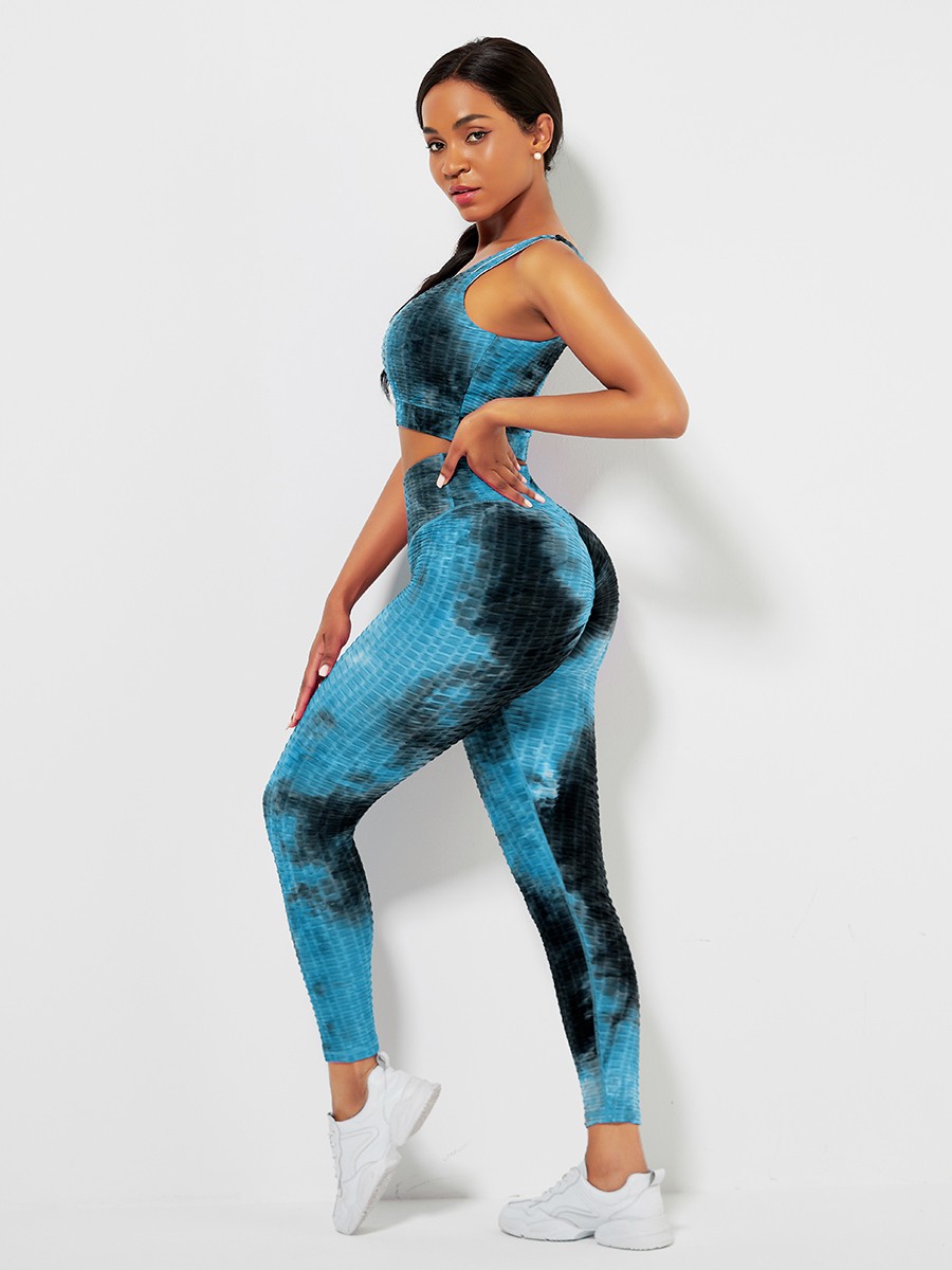 Blue High Waist Tie-Dyed Print Yogawear Suit Athletic Comfort