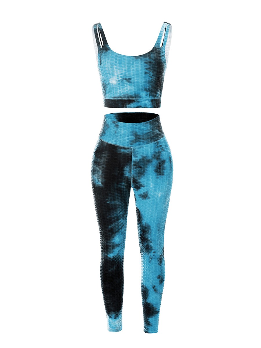 Blue High Waist Tie-Dyed Print Yogawear Suit Athletic Comfort