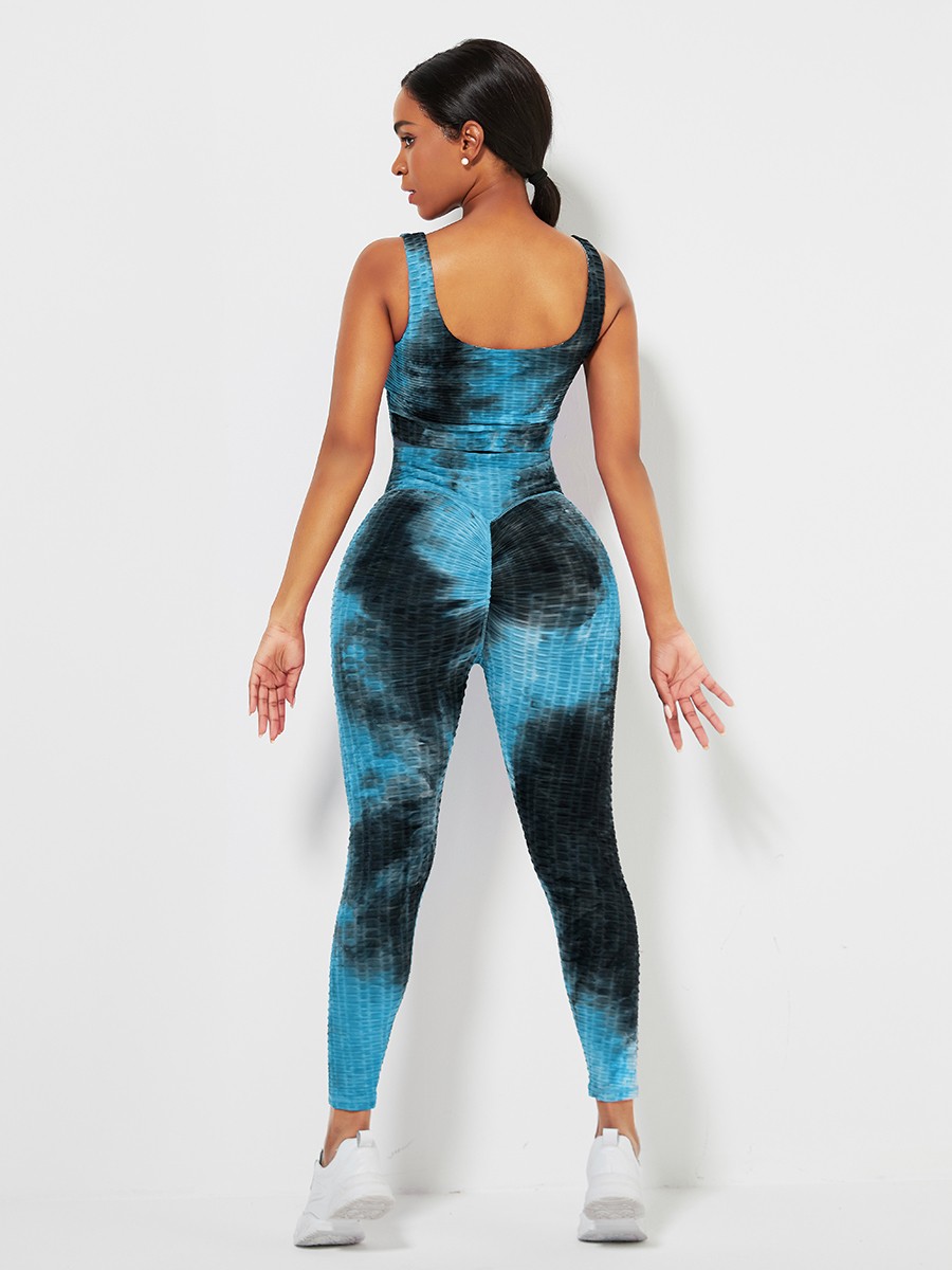 Blue High Waist Tie-Dyed Print Yogawear Suit Athletic Comfort