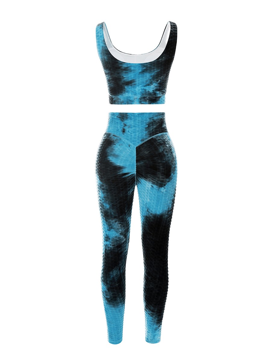 Blue High Waist Tie-Dyed Print Yogawear Suit Athletic Comfort