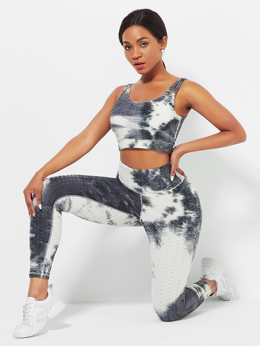 White Tie-Dyed Print Yoga Suit Detachable Pads Eye Catcher