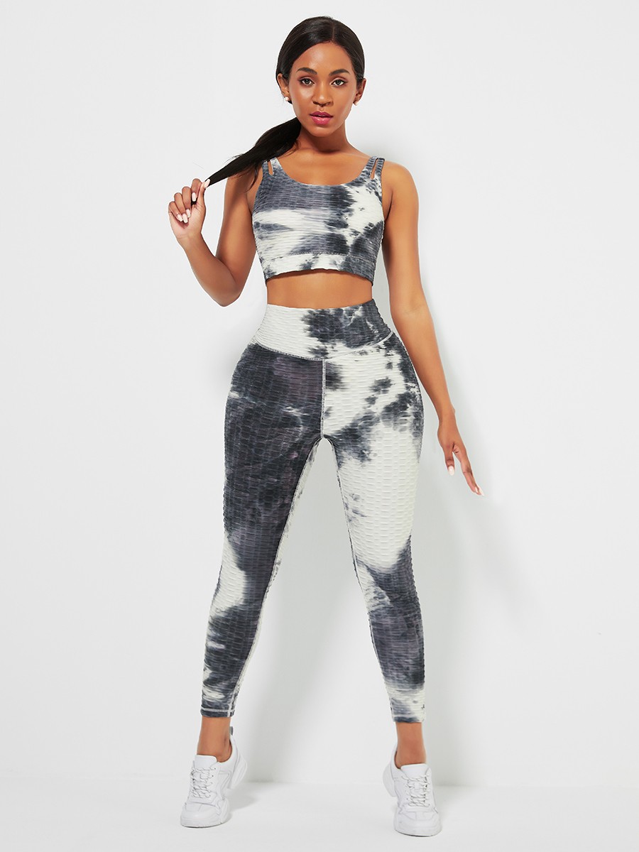White Tie-Dyed Print Yoga Suit Detachable Pads Eye Catcher