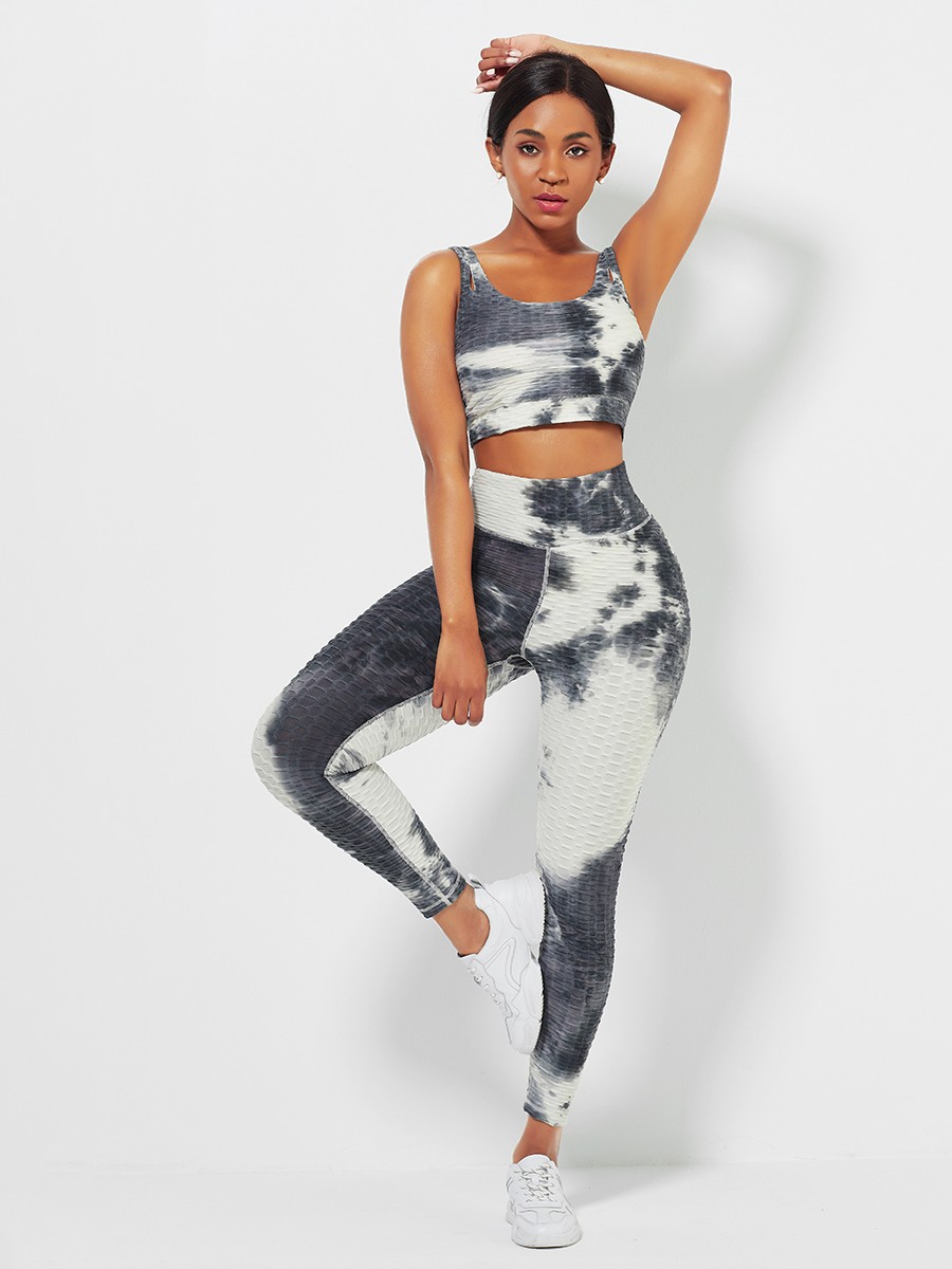 White Tie-Dyed Print Yoga Suit Detachable Pads Eye Catcher
