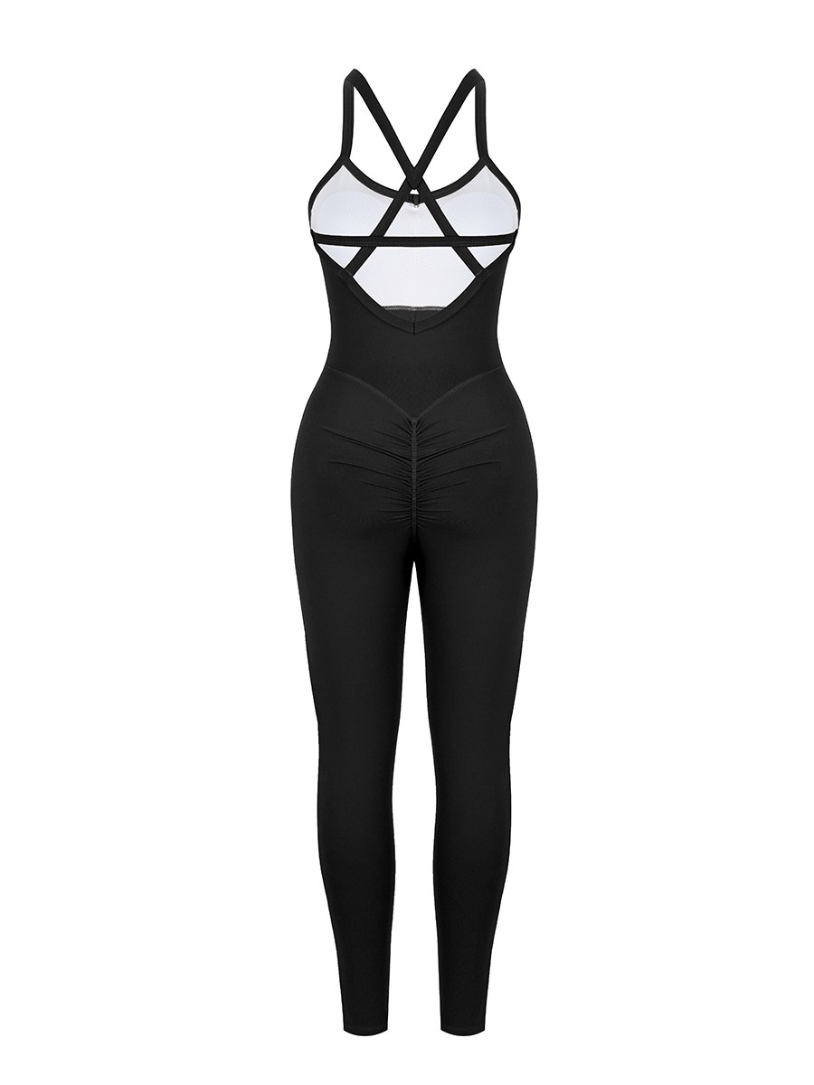 Black Strappy Back Removable Pads Yoga Bodysuit Casual Clothing