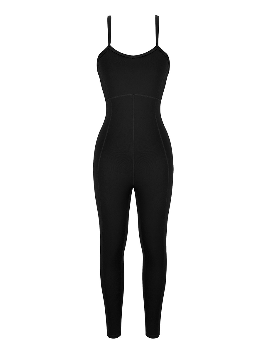 Black Strappy Back Removable Pads Yoga Bodysuit Casual Clothing