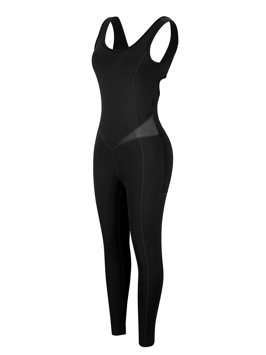 Black Running Bodysuit Wide Strap Ankle Length For Women