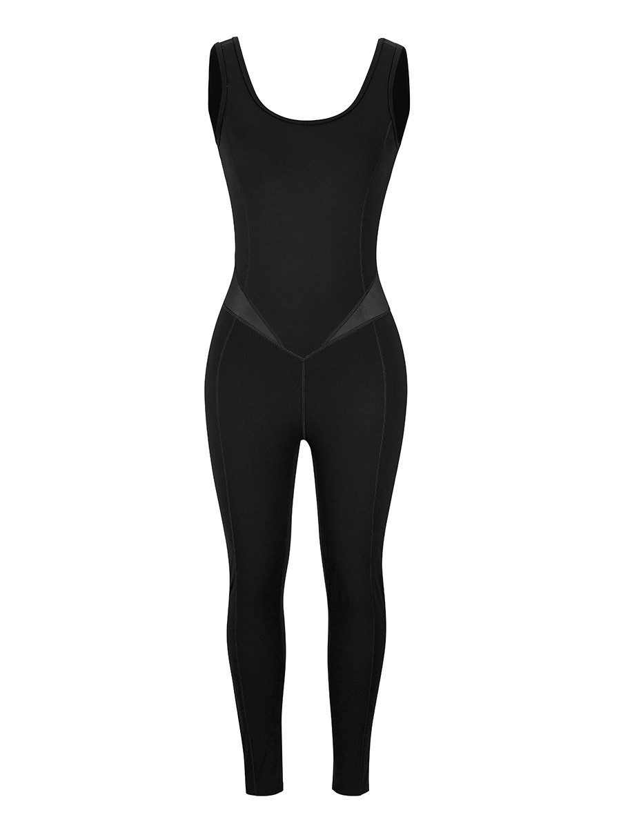 Black Running Bodysuit Wide Strap Ankle Length For Women