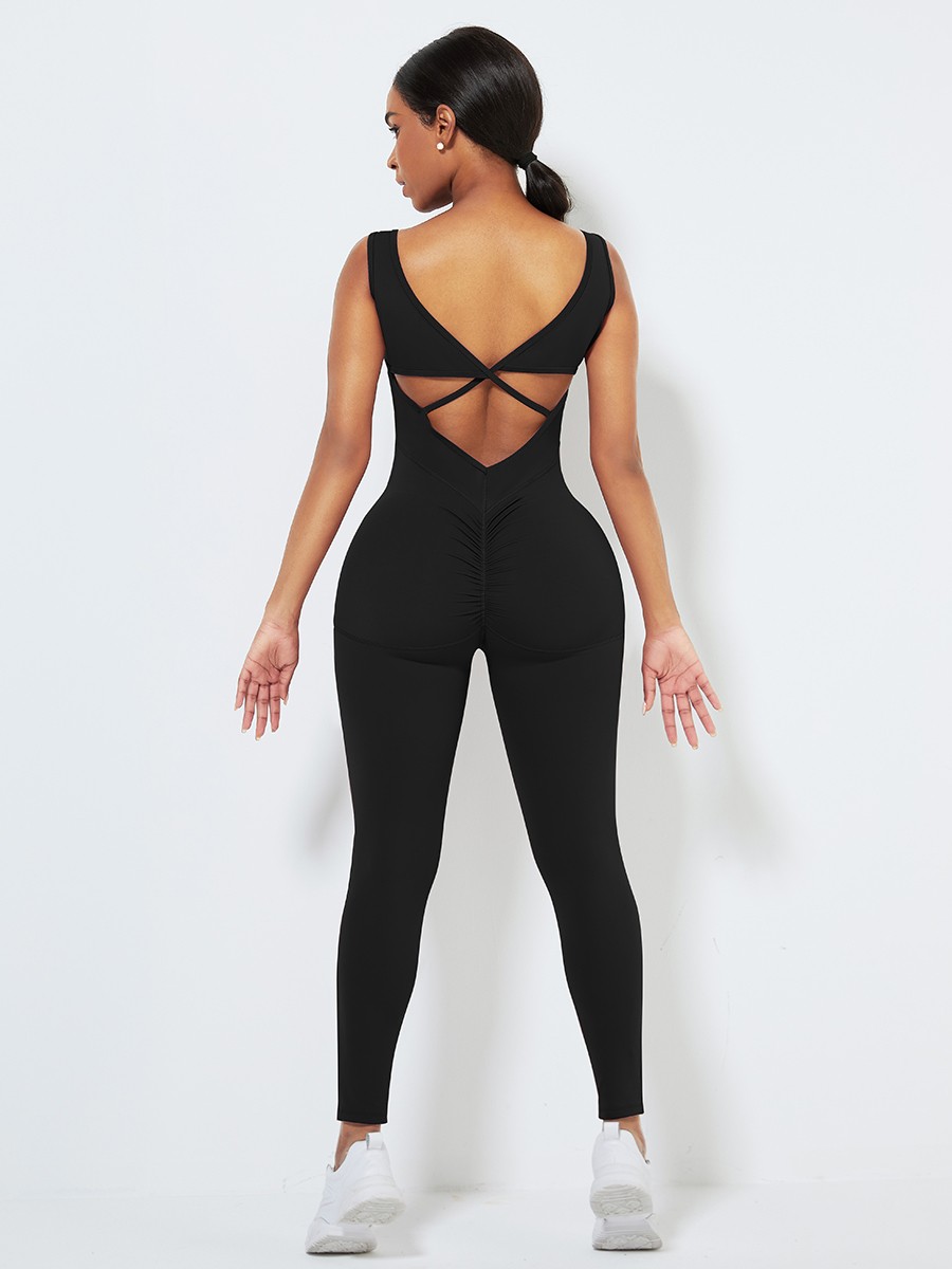 Black Running Bodysuit Wide Strap Ankle Length For Women