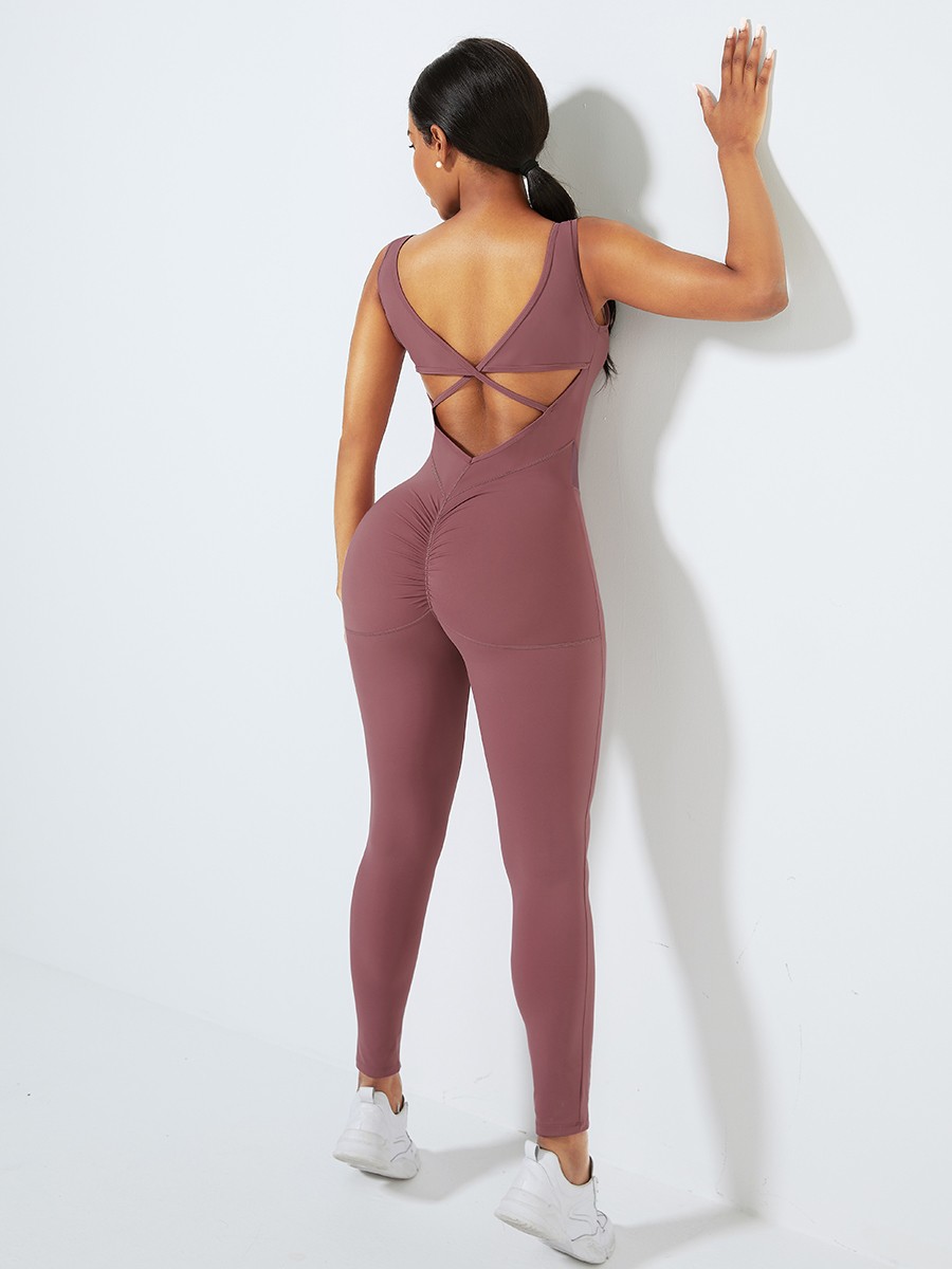 Purplish Red Hollow Out Hip Wrinkle Yoga Jumpsuit High Quality