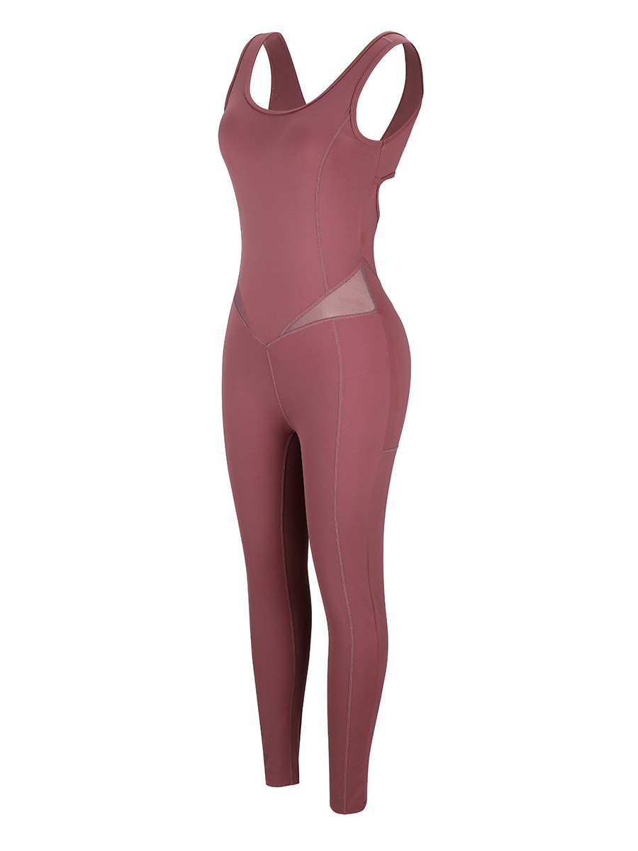 Purplish Red Hollow Out Hip Wrinkle Yoga Jumpsuit High Quality