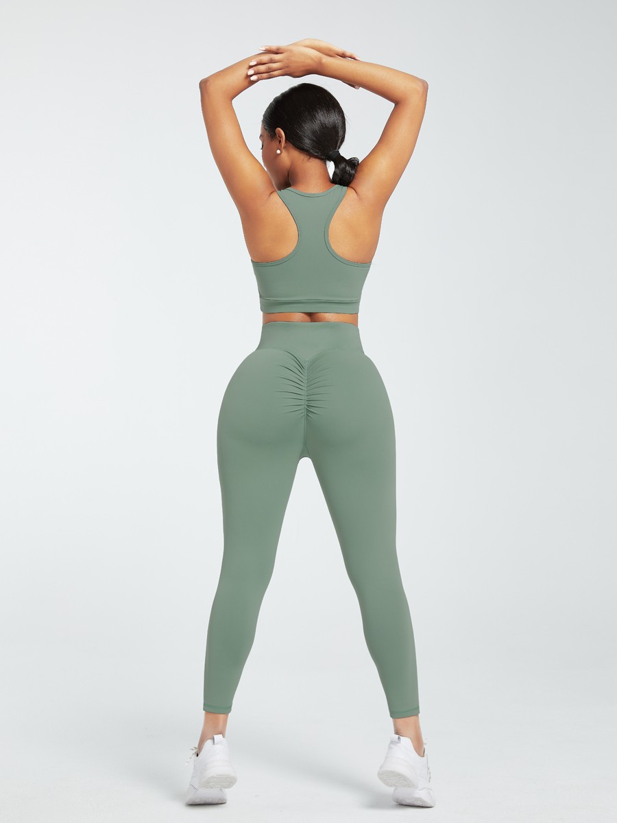 Green Deep-V Ankle Length Gym Leggings And Top Set Absorbs Moisture