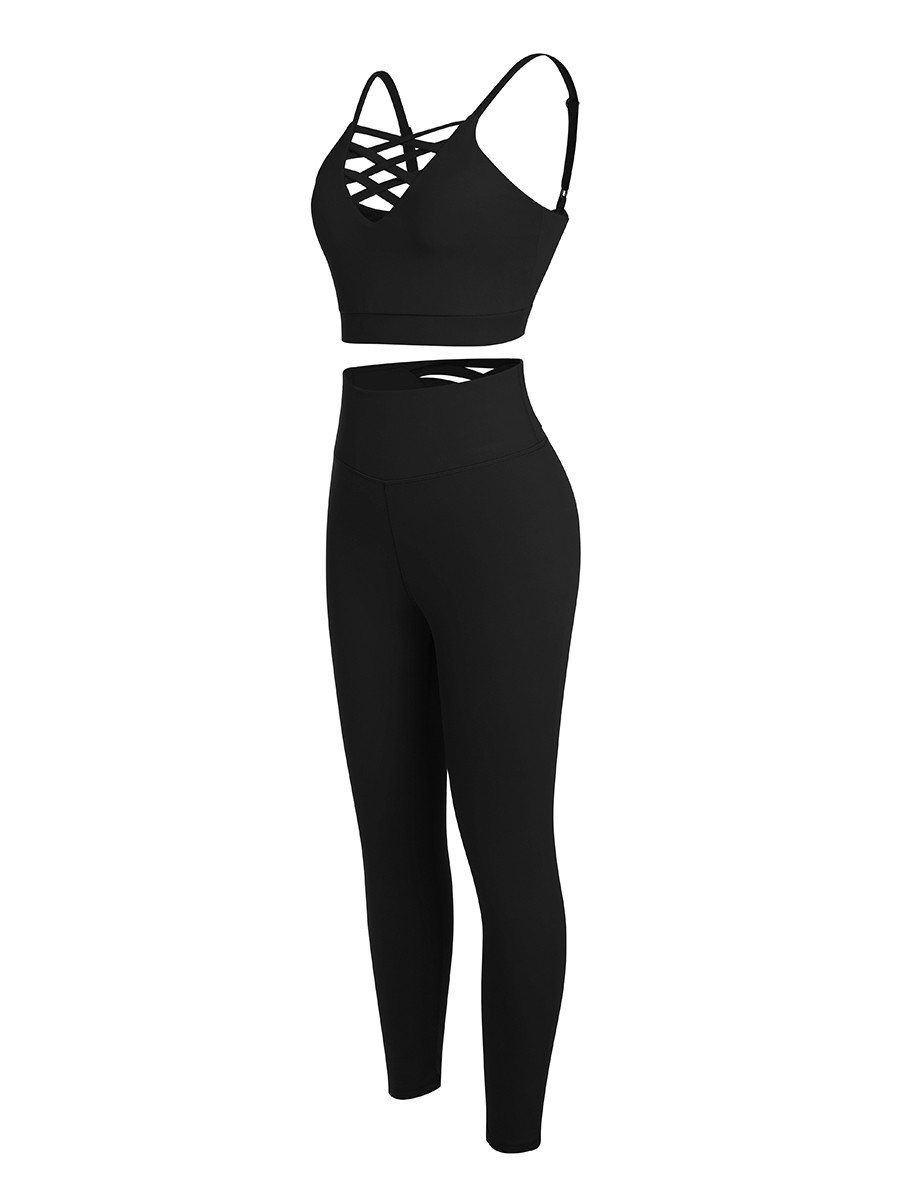 Black Adjustable Straps High Waist Athletic Suit Stretched