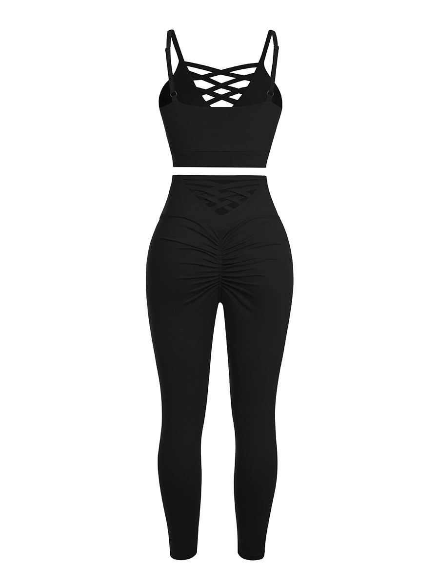 Black Adjustable Straps High Waist Athletic Suit Stretched