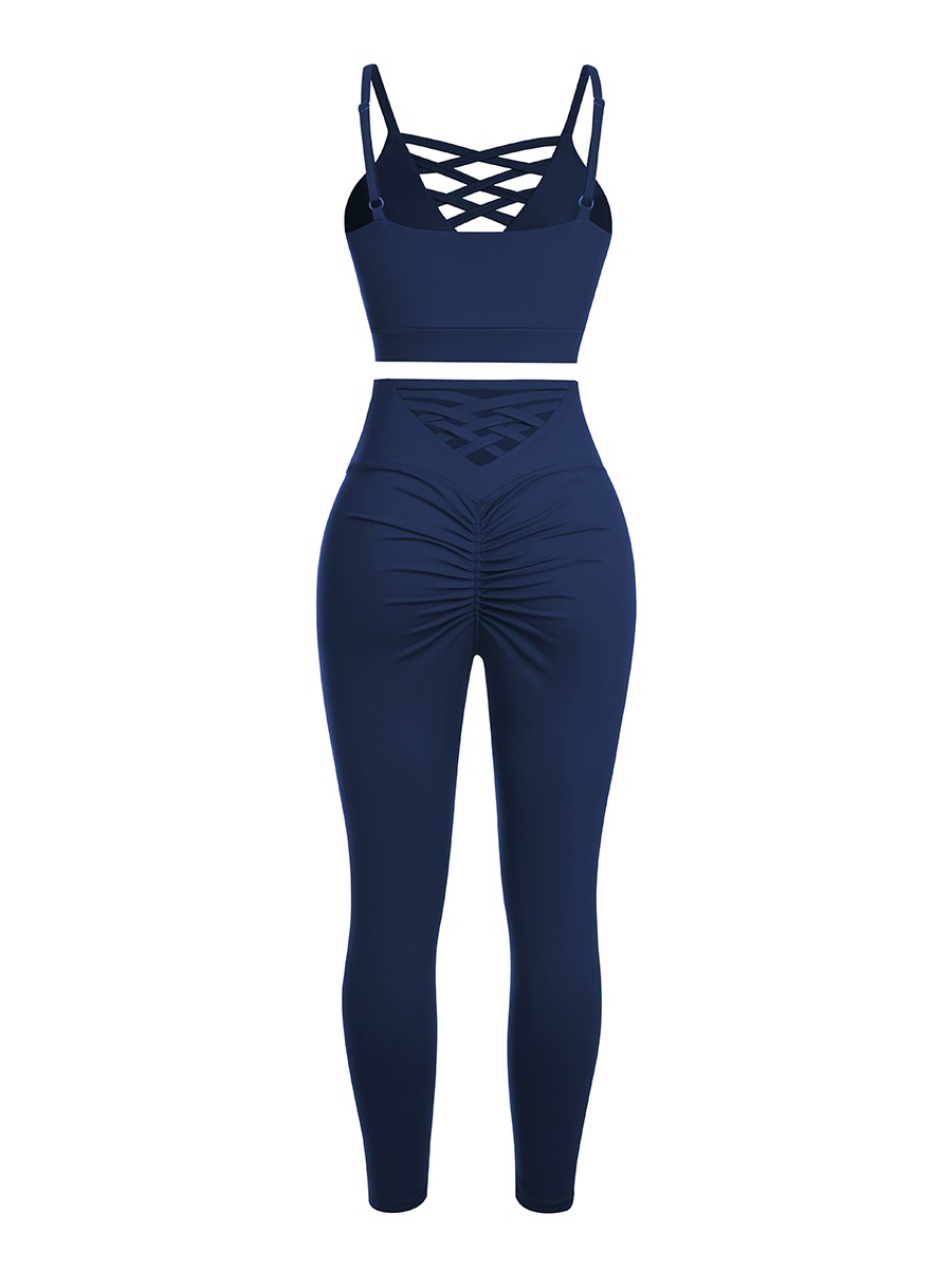 Navy Blue Lace-Up Pleated Gym Sets Full Length Aerobic Activities