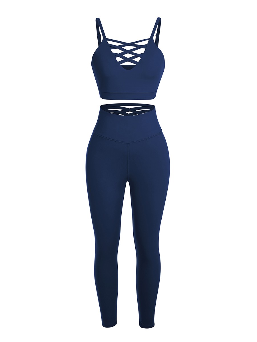 Navy Blue Lace-Up Pleated Gym Sets Full Length Aerobic Activities