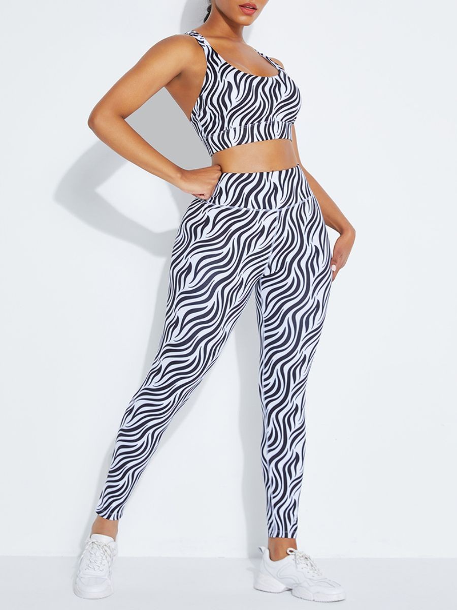 Black Zebra Print Yoga Outfit High Waist Strap Snug Fit