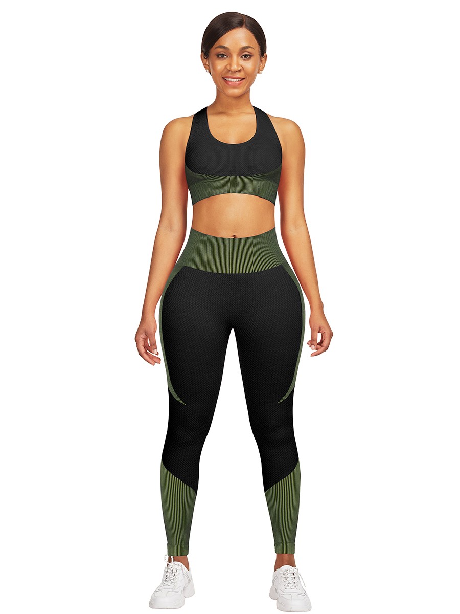 Compression Green Seamless Contrast Color Athletic Suit Workout Apparel