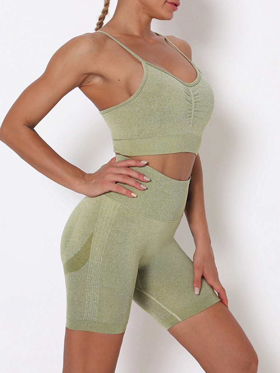 Army Green Thigh Length Seamless Ruched Yoga Suit For Sauntering