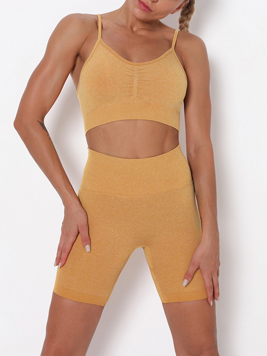 Yellow Thigh Length Seamless Athletic Suit For Female