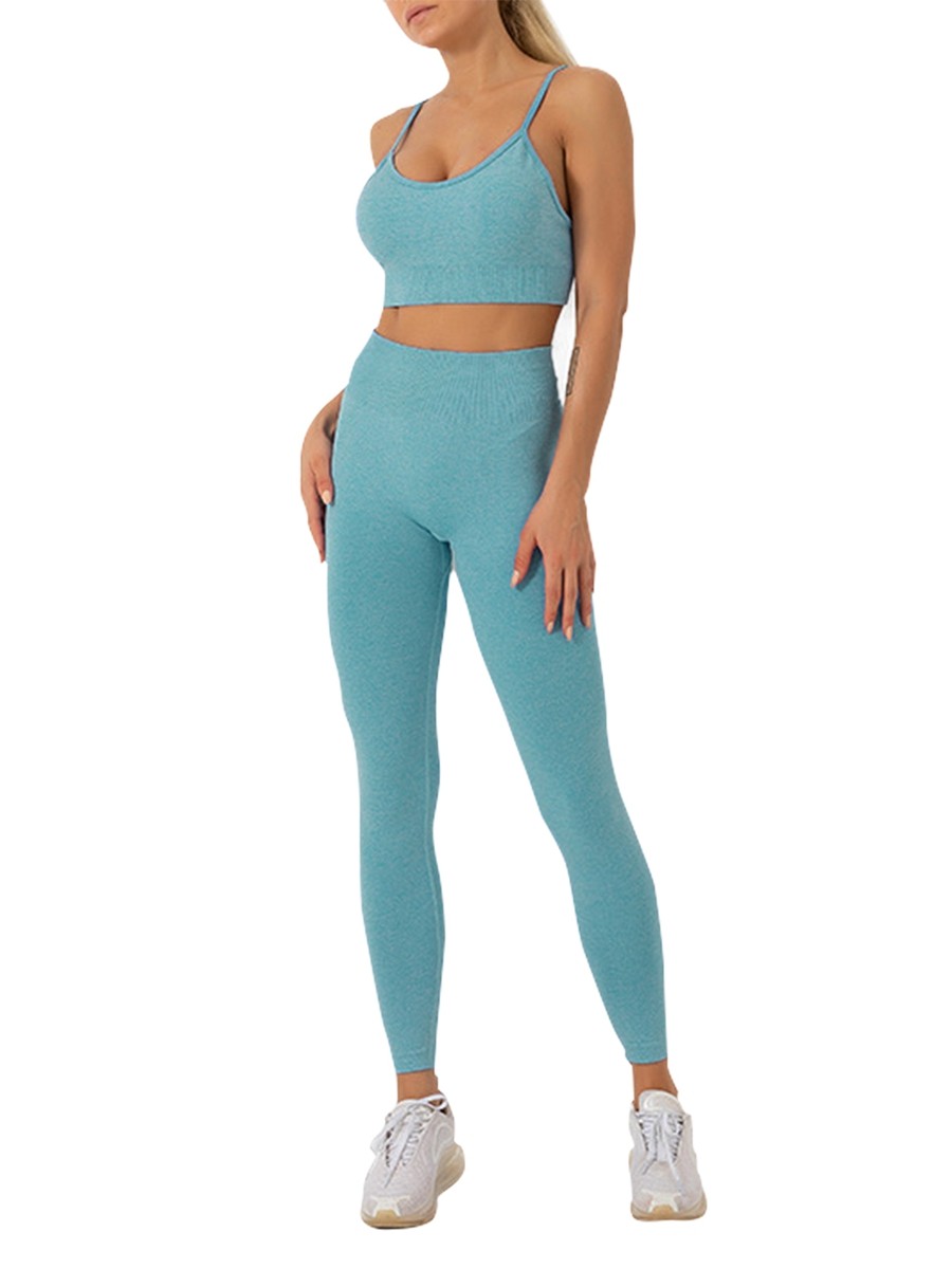 Blackish Green Wide Waistband Spaghetti Straps Yoga Suit Ladies