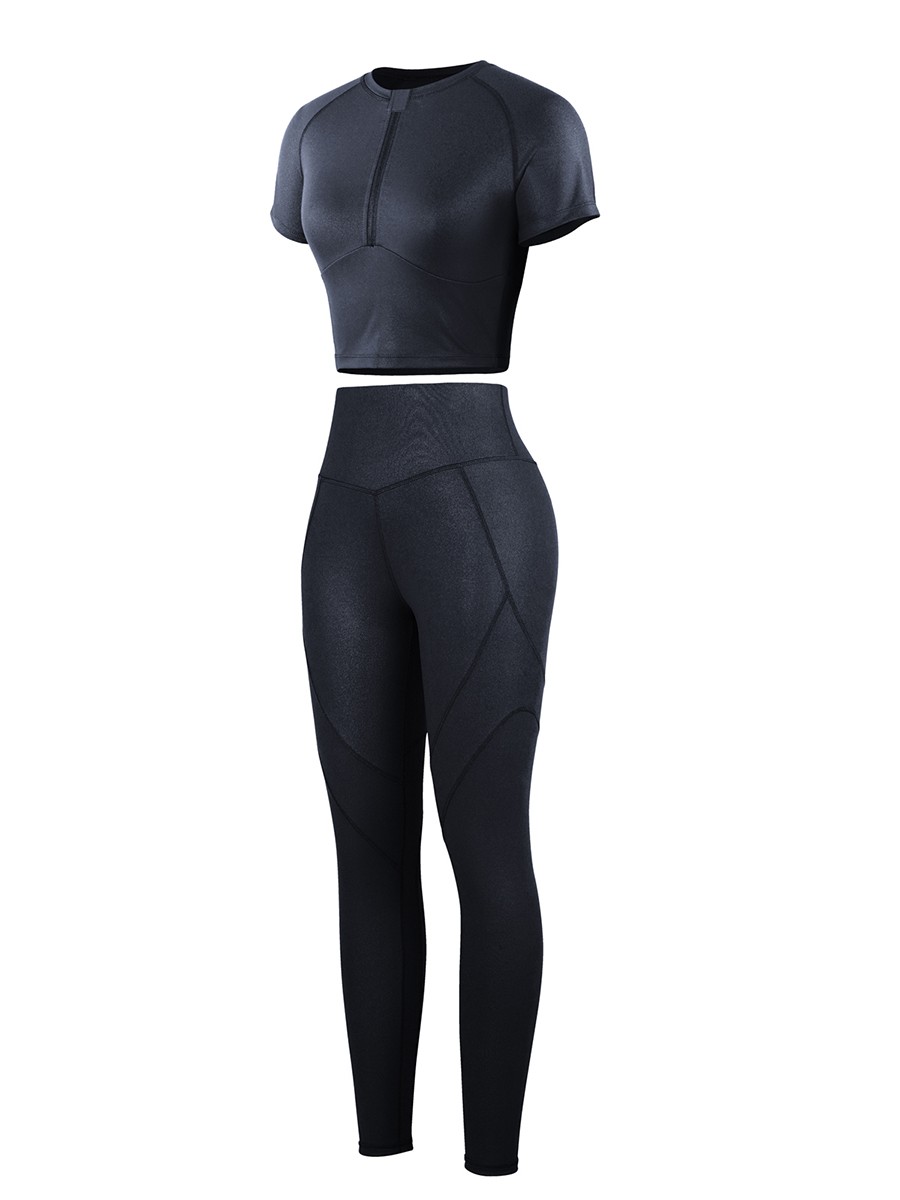 Black Short Sleeves High Waist Yoga Suits Quick Drying