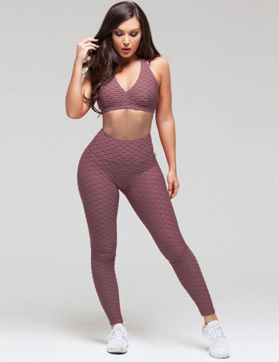 Stretchy Purplish Red Athleticwear High Rise Paddings Jacquard Women's Clothing