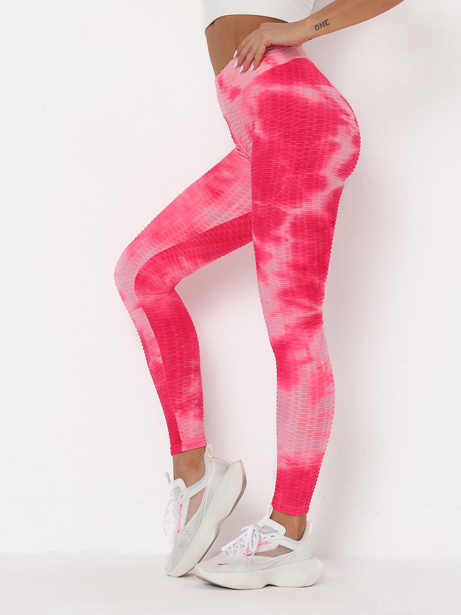 Comfortable Pink Tummy Control Tie-Dye Running Pants For Holiday