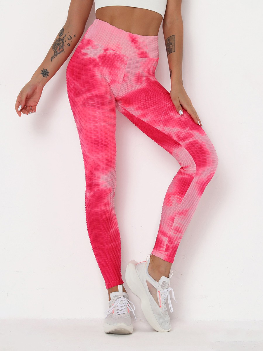 Comfortable Pink Tummy Control Tie-Dye Running Pants For Holiday