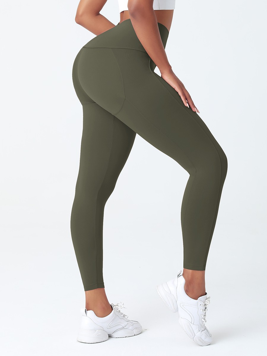 Army Green Wide Wasitband 4-Way Stretch Yoga Pants Preventing Sweat