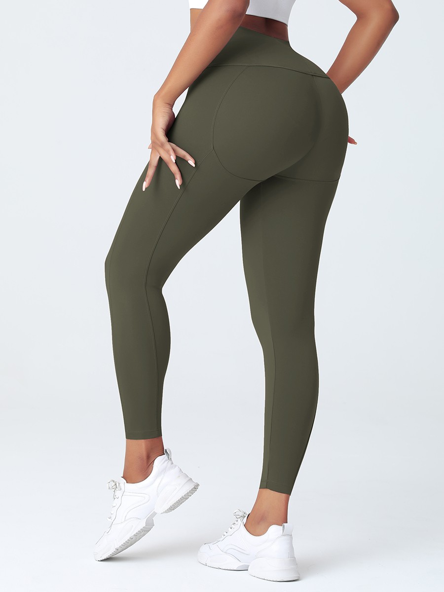 Army Green Wide Wasitband 4-Way Stretch Yoga Pants Preventing Sweat