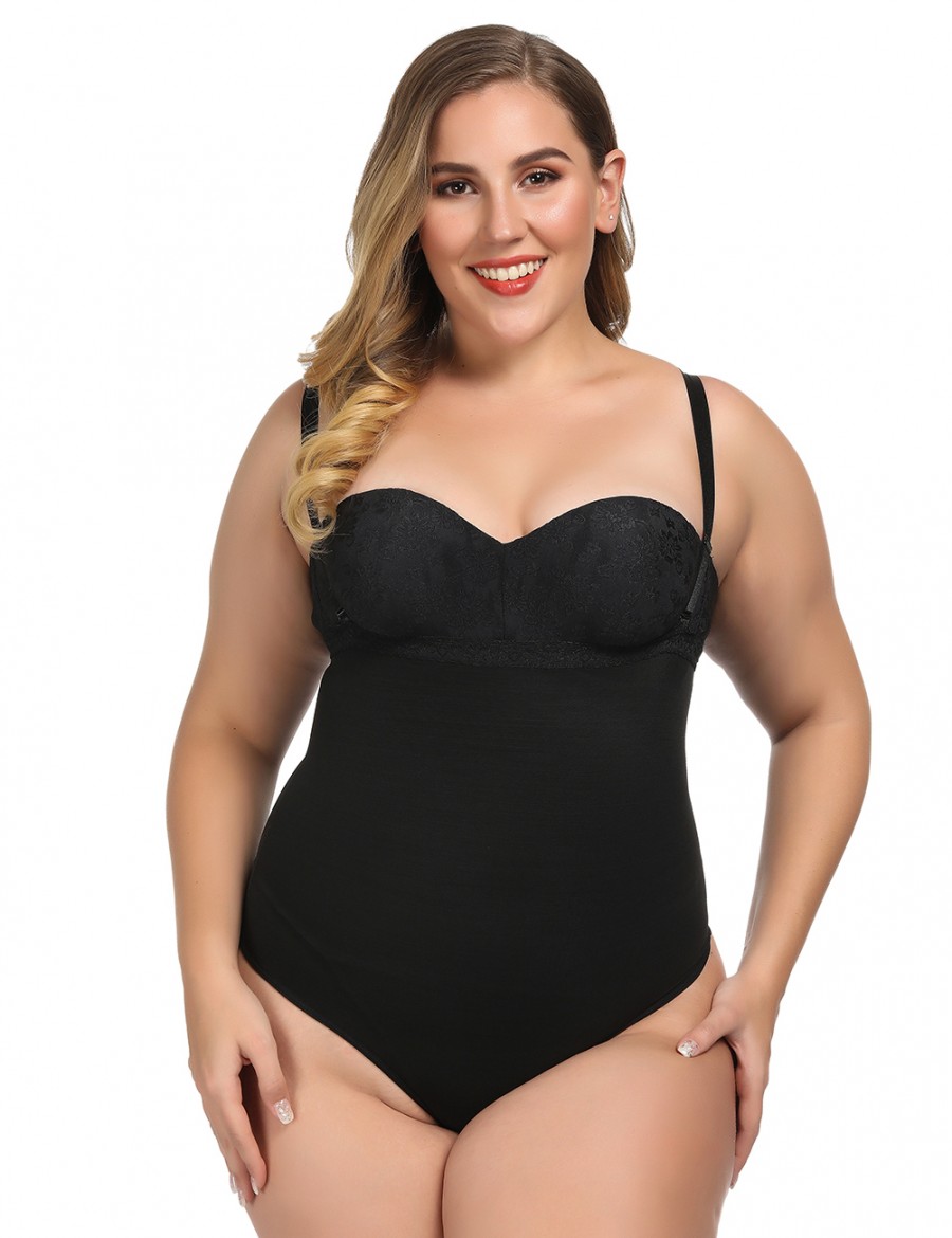 Haute Contour Black Lace Trim Thong Body Shapewear Delightful Garment