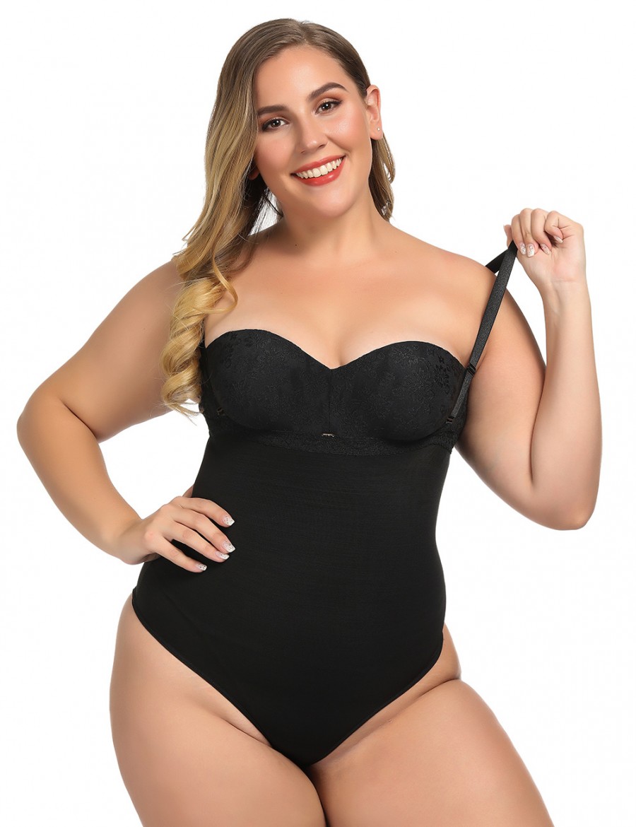 Haute Contour Black Lace Trim Thong Body Shapewear Delightful Garment