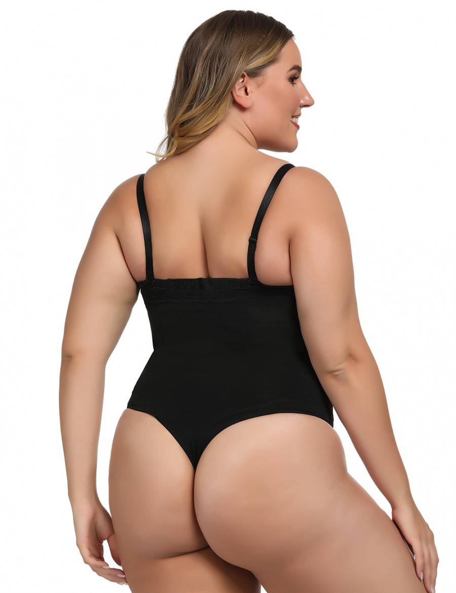 Haute Contour Black Lace Trim Thong Body Shapewear Delightful Garment