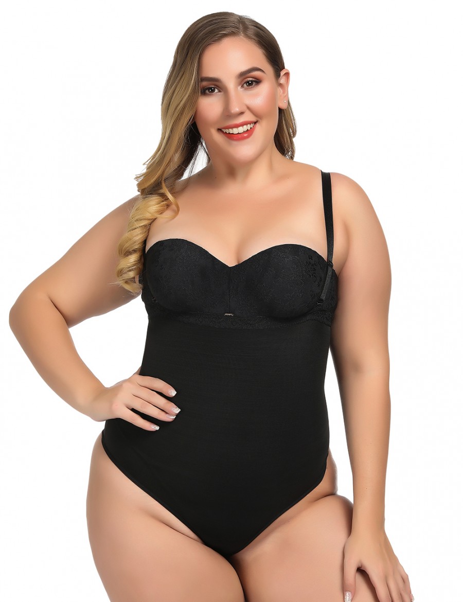 Haute Contour Black Lace Trim Thong Body Shapewear Delightful Garment