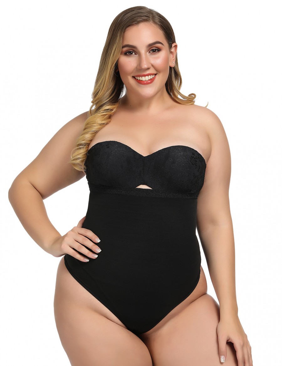 Haute Contour Black Lace Trim Thong Body Shapewear Delightful Garment
