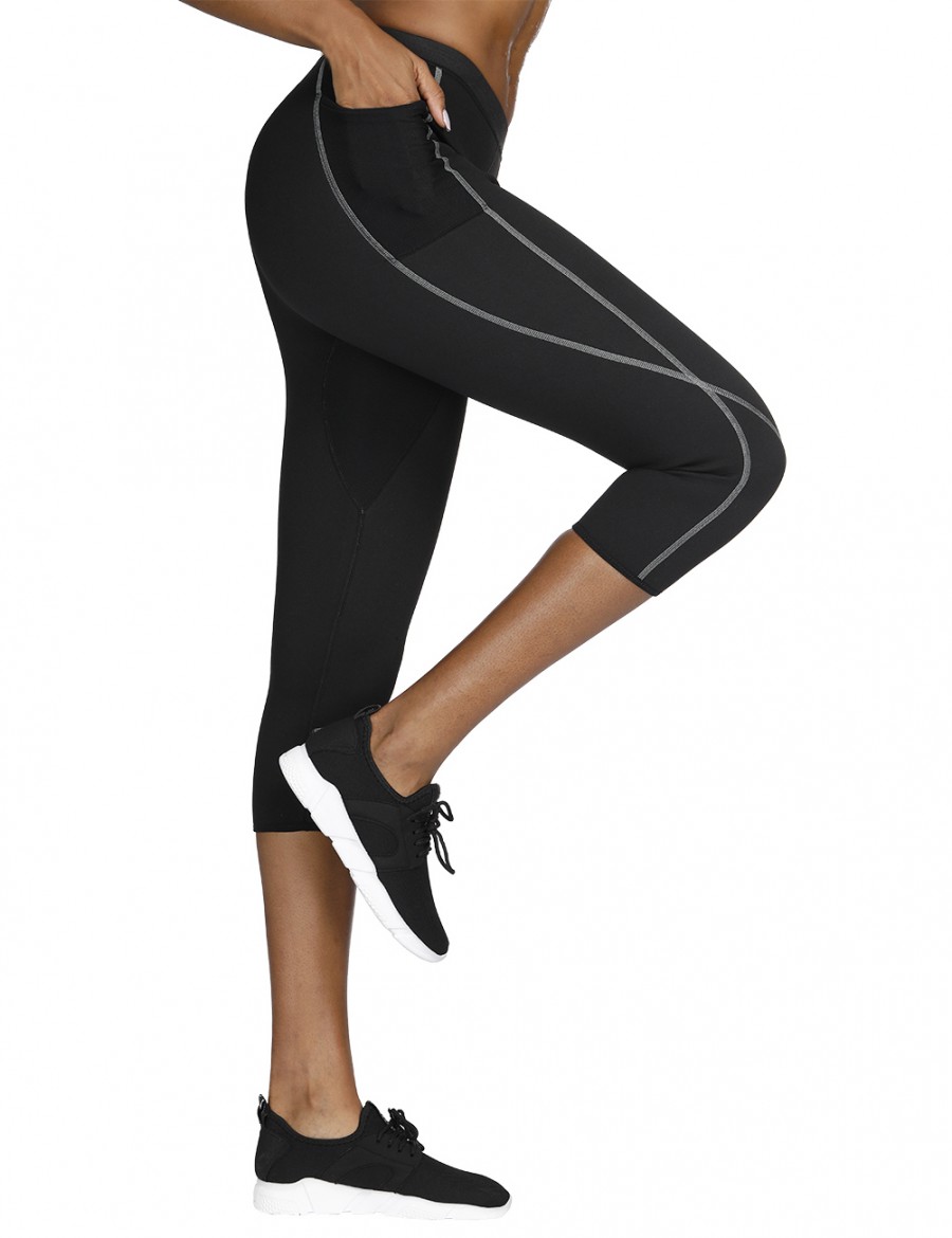 Sensual Curves Black Stretchy Waistband Pocket Neoprene Leggings Big Size Slim