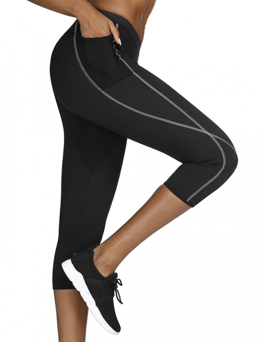 Sensual Curves Black Stretchy Waistband Pocket Neoprene Leggings Big Size Slim