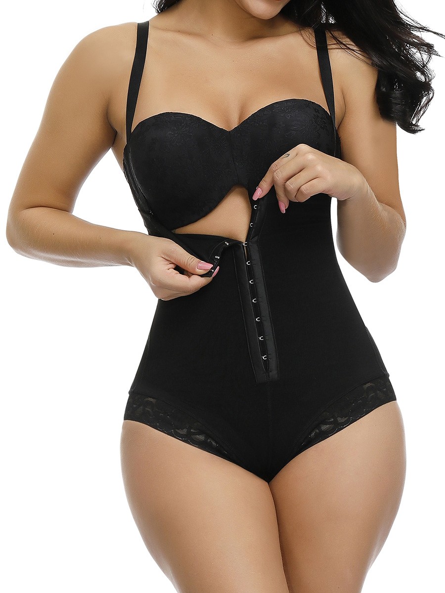 Body-Hugging Black High Waist Hook Front Plus Size Bodysuit Shape Medium Control