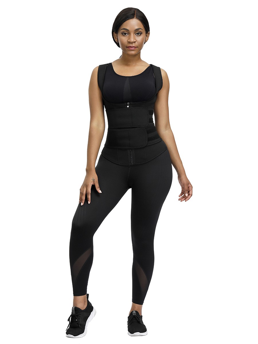 Black Neoprene Waist Trainer With Double Belt Abdominal Control