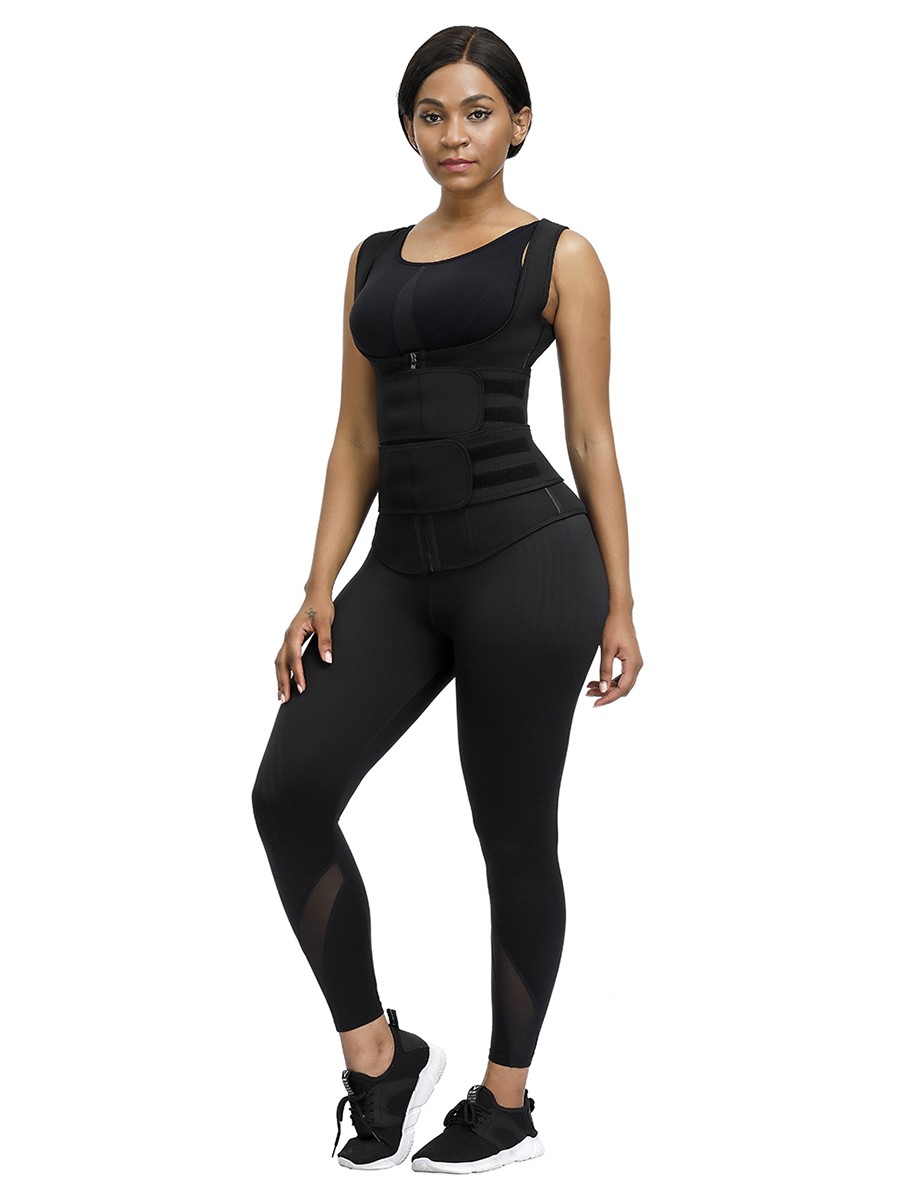 Black Neoprene Waist Trainer With Double Belt Abdominal Control