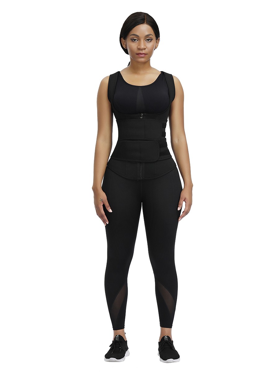 Black Neoprene Waist Trainer With Double Belt Abdominal Control