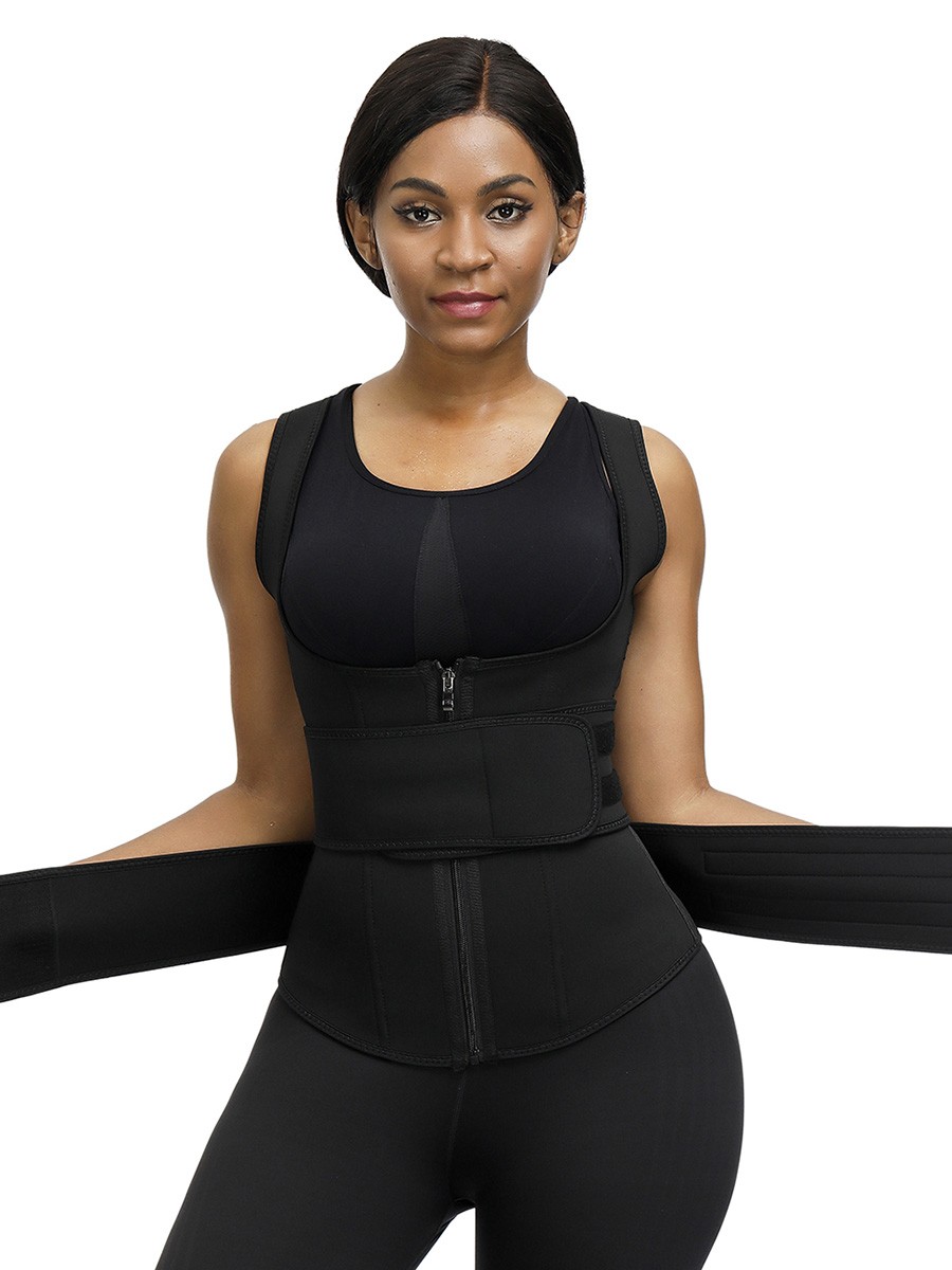 Black Neoprene Waist Trainer With Double Belt Abdominal Control