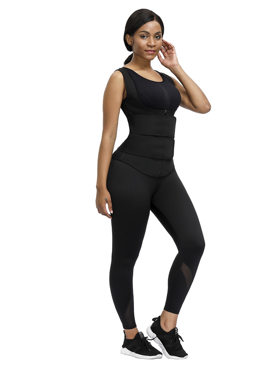 Black Neoprene Waist Trainer With Double Belt Abdominal Control