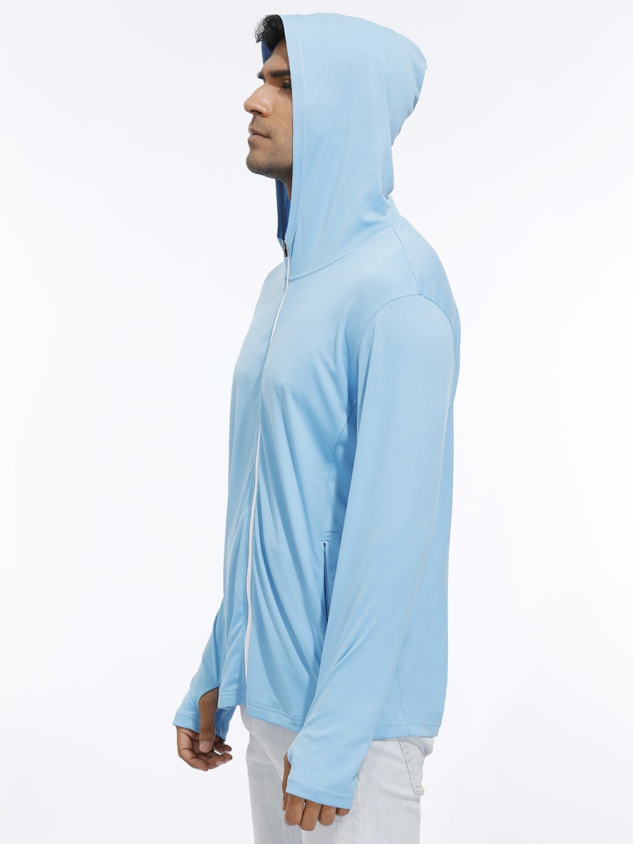 Sensual Curves Blue Hooded Zipper Sport Top Thumb Hole Moving